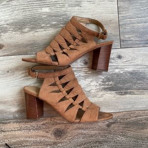 Franco Sarto Tan Suede Strappy Block Heel Sandals